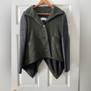Derek Lam Olive and Teal Tweed with Leather Sleeves Jacket Blazer